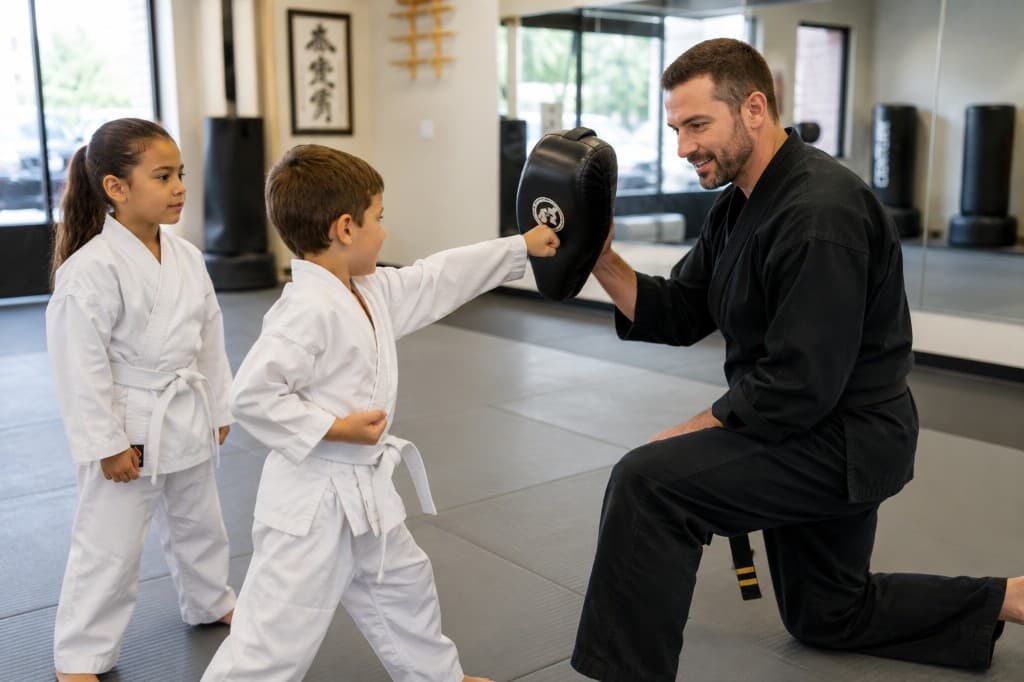 A martial arts instructor teaching a student in a dojo