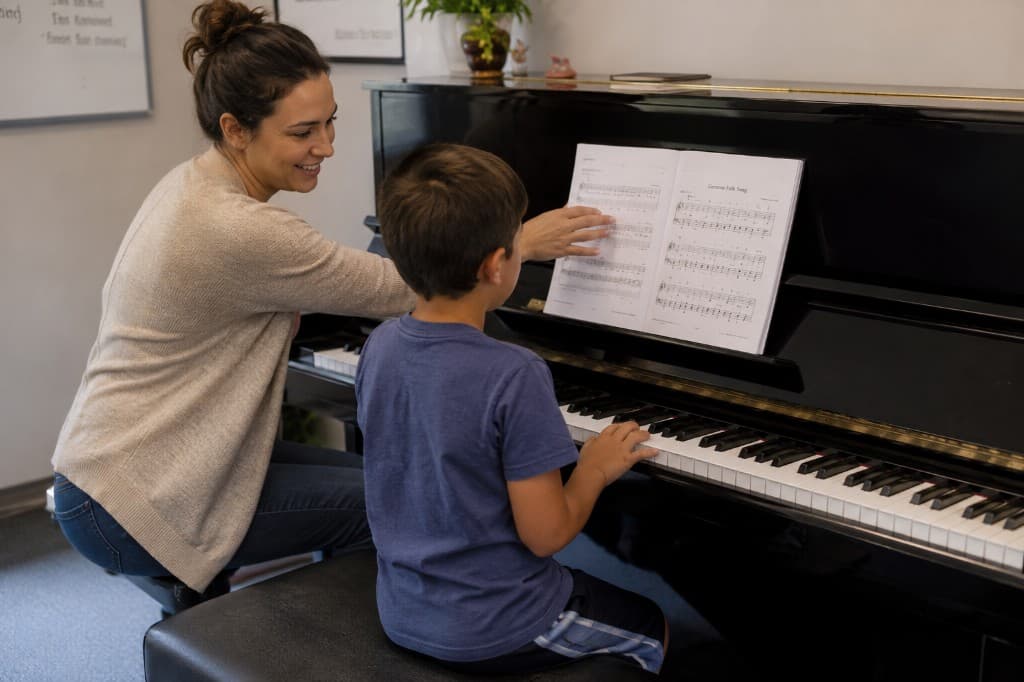 A music teacher guiding a student at a piano